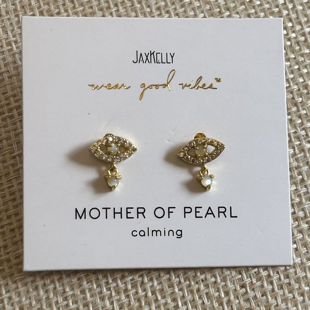 NEW Jax Kelly Mother of Pearl Evil Eye Drop Earrings Calming Hypoallergenic